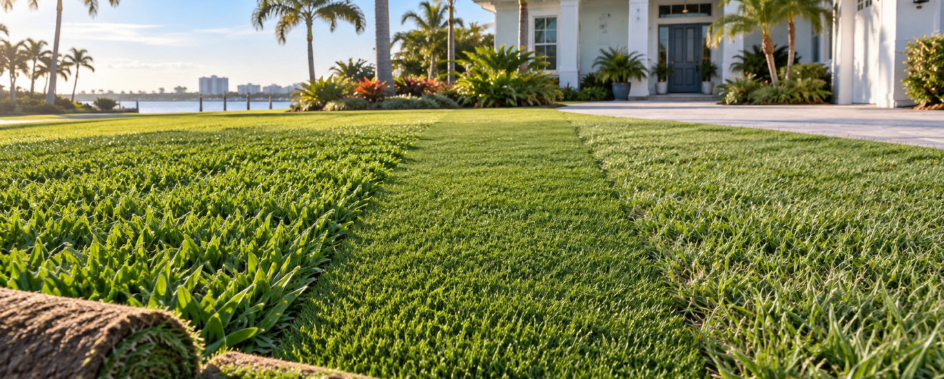 Three grass textures and rolls of sod in front of a Florida home with palm trees