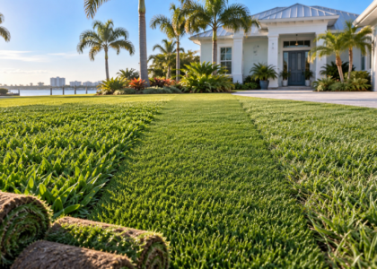 Three grass textures and rolls of sod in front of a Florida home with palm trees