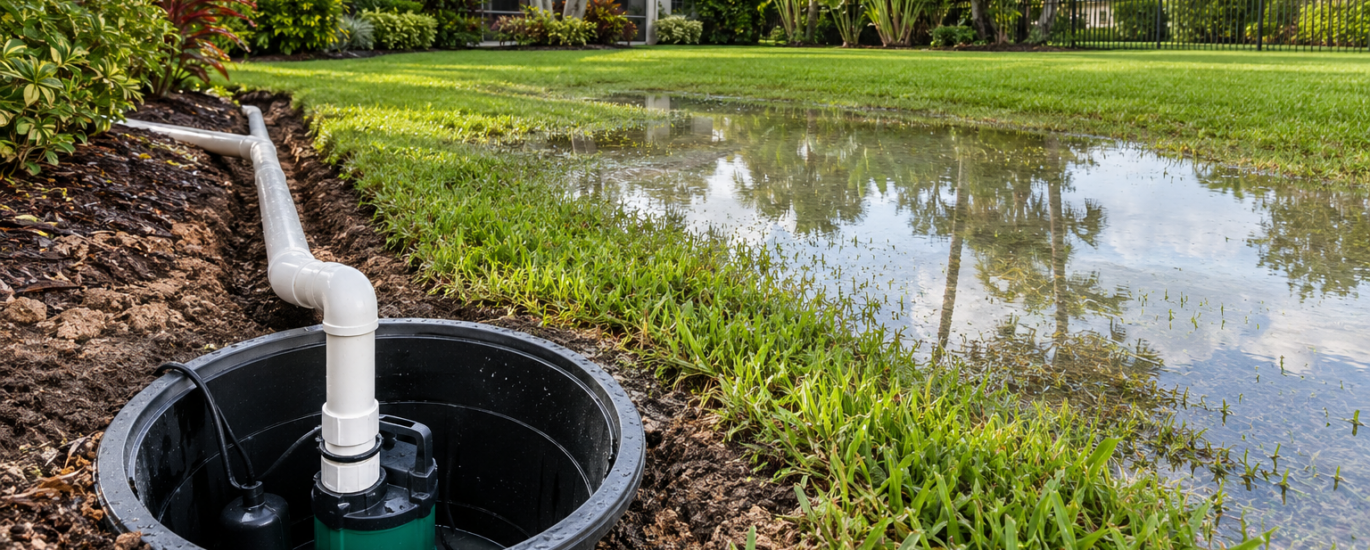 Yard sump pump and discharge pipe beside standing water in a landscaped Florida lawn