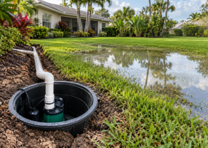 Yard sump pump and discharge pipe beside standing water in a landscaped Florida lawn